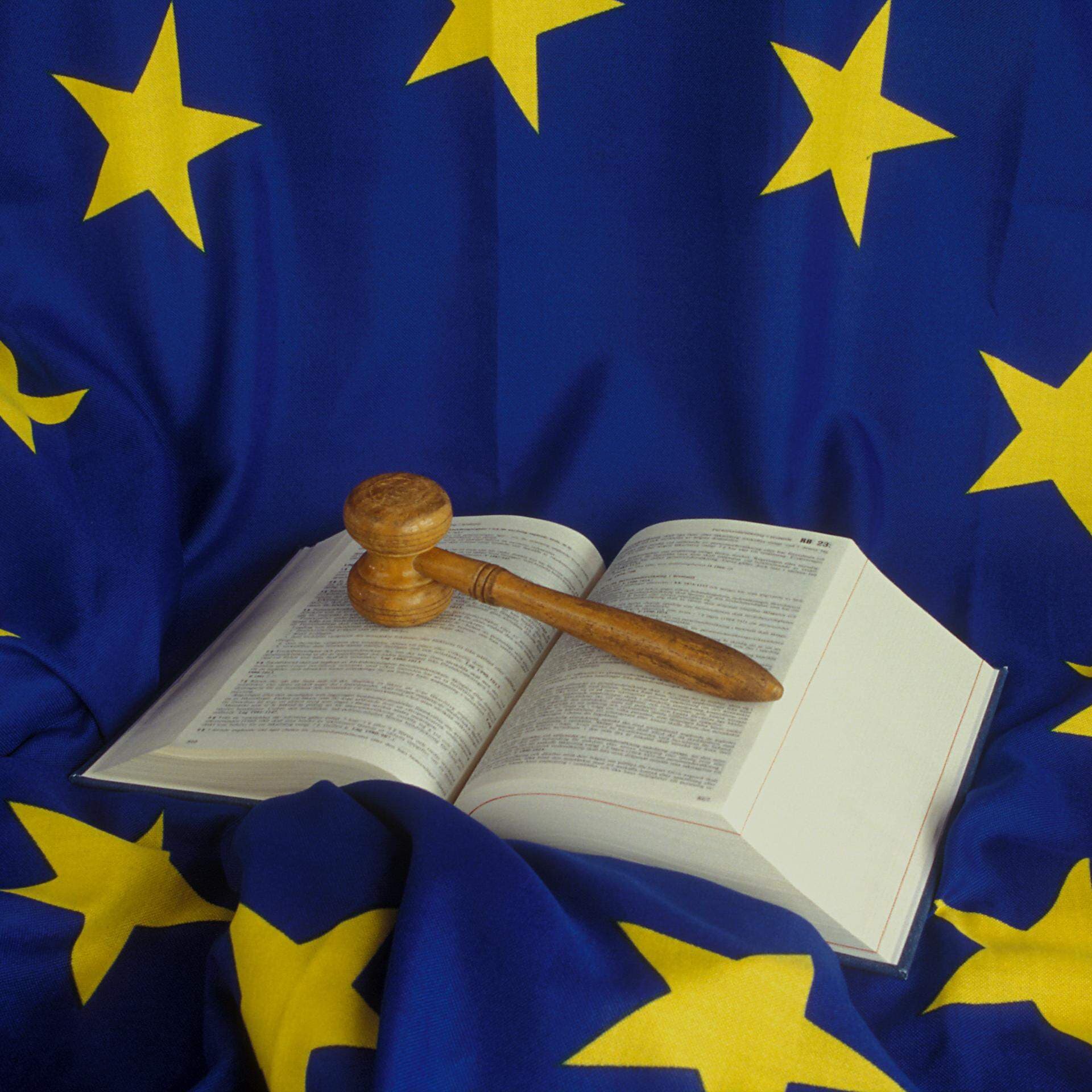 En uppslagen lagbok med en träklubba ligger på en bakgrund i form av blå EU-flagga.