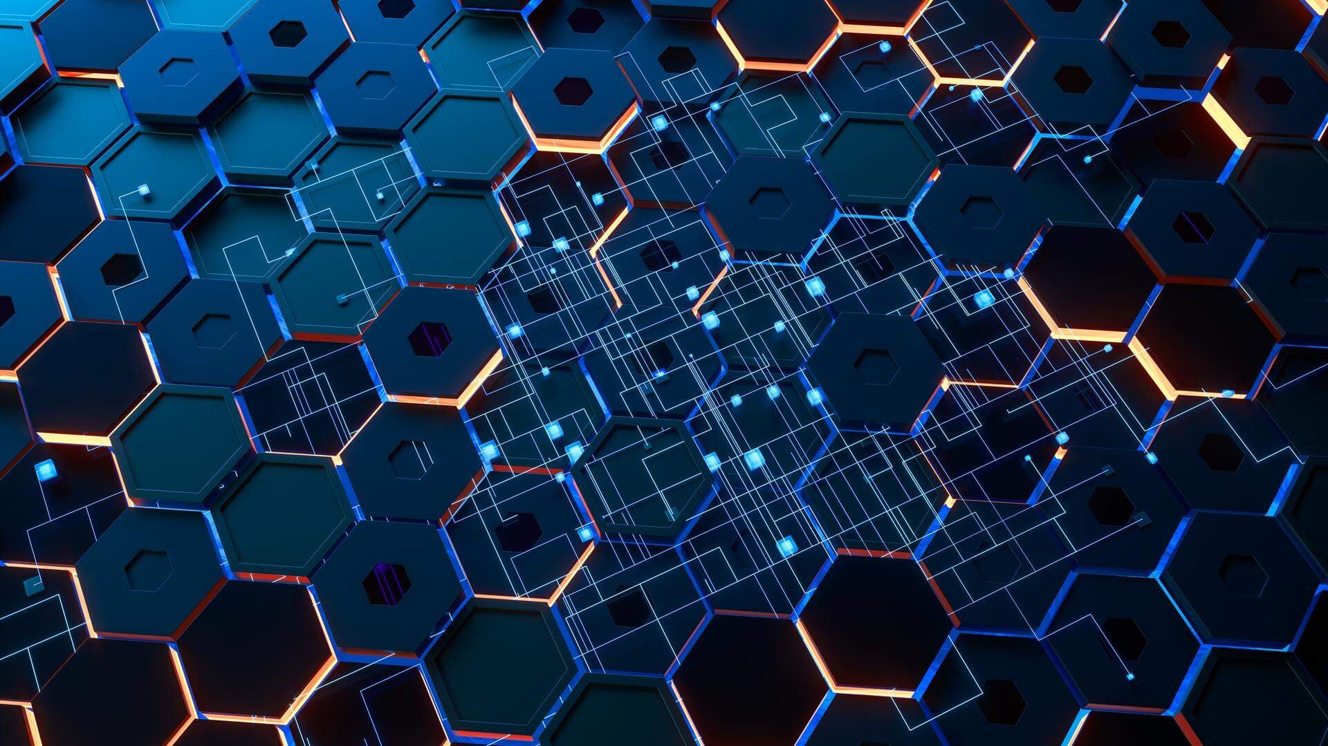 information space connection graphic glow creative power shape hexagonal molecular geometric structure cyber data hi-tech cyberspace hardware electric chip motherboard microchip integrated electronic connect electricity circuit board technical web design future concept hexagon network computer futuristic digital tech abstract engineering technology blue background science internet rendering 3d golden