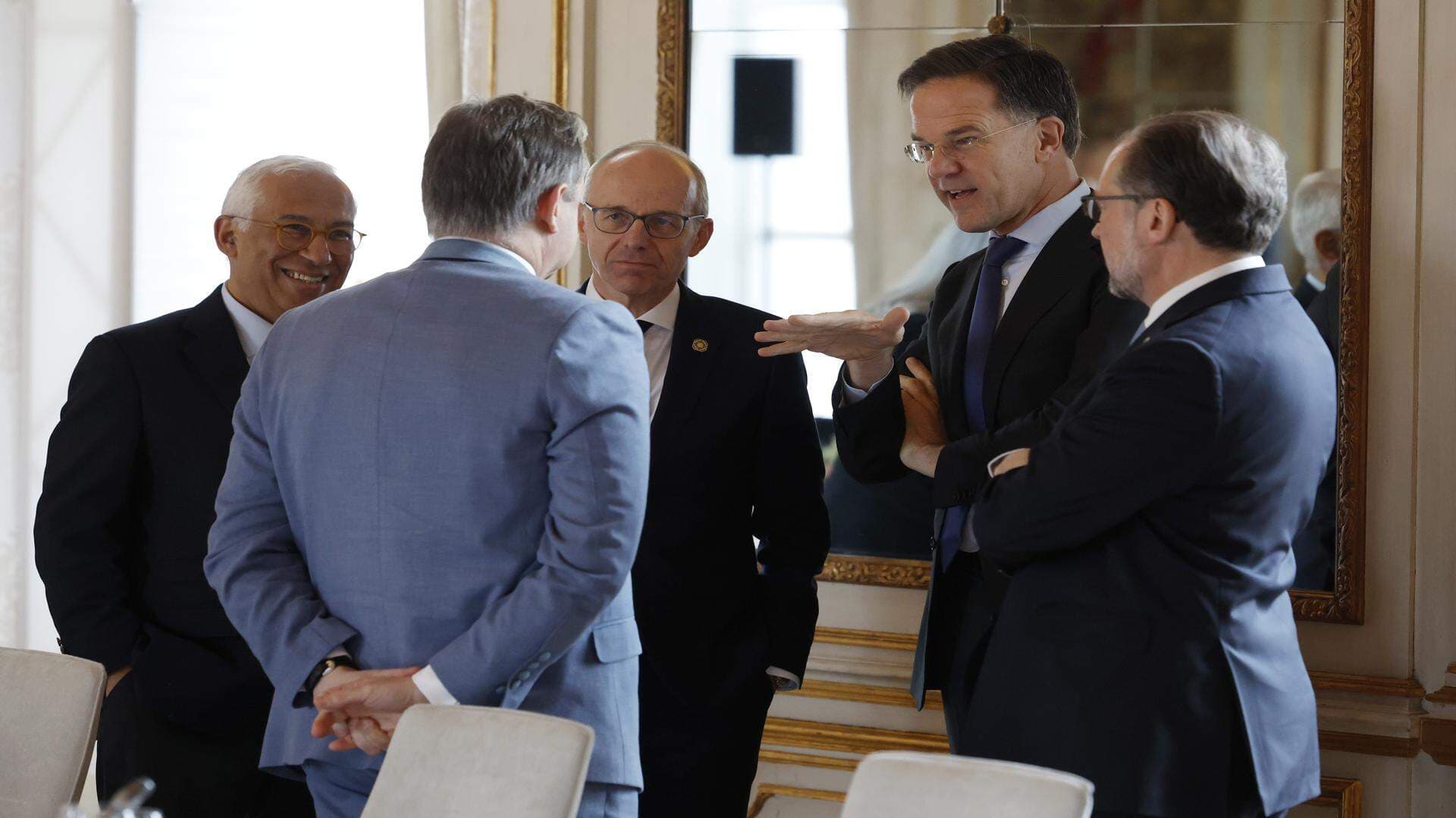 NATO Secretary General Mark Rutte, second right, speaks with, from left, European Council President Antonio Costa, Belgium’s Prime Minister Bart De Wever, Luxembourg’s Prime Minister Luc Frieden and Austria’s Chancellor Alexander Schallenberg during an EU summit at the Egmont Palace in Brussels, Feb. 3, 2025.