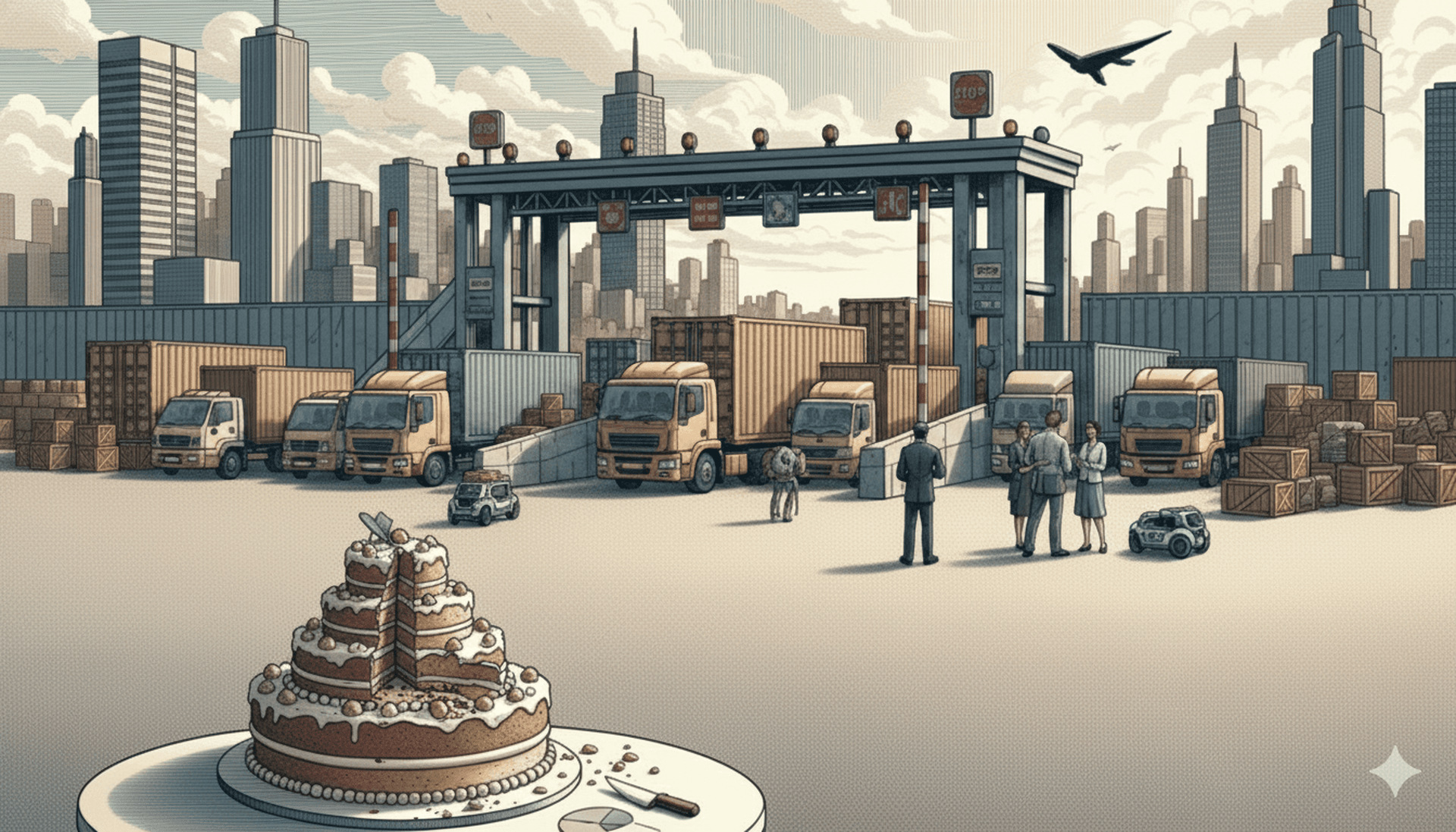 En illustration i modern, stiliserad form som visar effekterna av handelstullar. I förgrunden delas en flervåningstårta, som symboliserar ekonomin. Tårtan verkar krympa. I bakgrunden blockerar en stor, modern tullbarriär med STOPP-skyltar en rad fraktcontainrar och lastbilar. Flera personer i affärskläder står nära barriären och observerar situationen.