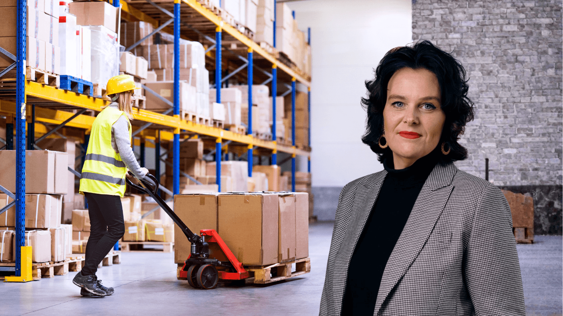 Ulrica Bennesved i kollage med en arbetare i ett lager