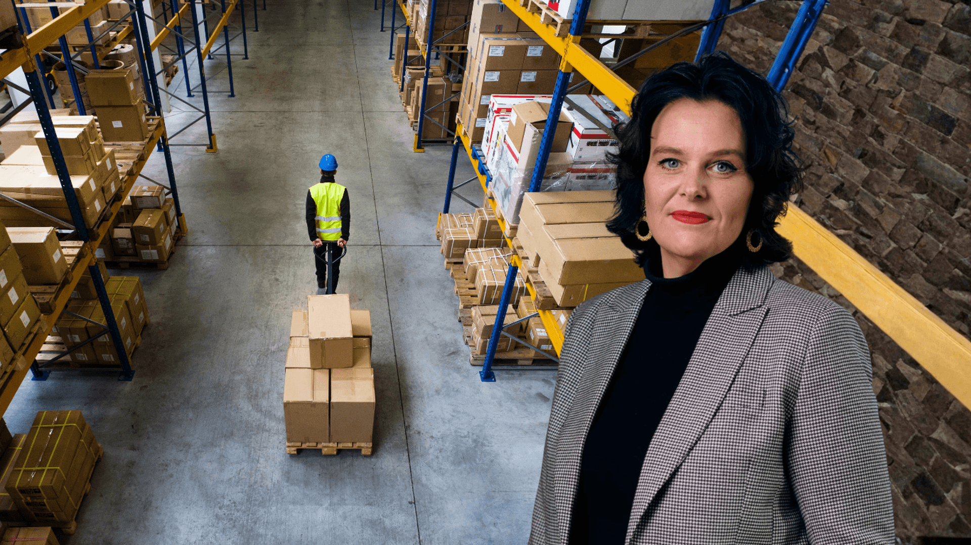 Ulrica Bennesved i kollage med en arbetare i ett lager